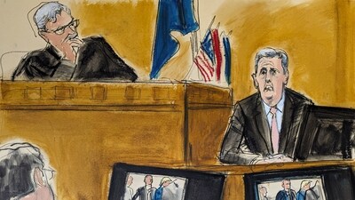 Michael Cohen, right, testifies on the witness stand with Judge Juan Merchan presiding in Manhattan criminal court, Monday, May 20, 2024, in New York. (Elizabeth Williams via AP) (AP) Michael Cohen, right, testifies on the witness stand with Judge Juan Merchan presiding in Manhattan criminal court, Monday, May 20, 2024, in New York. (Elizabeth Williams via AP) (AP)