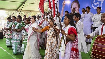 West Bengal chief minister Mamata Banerjee with members of the Matua community in Bangaon on May 14. (PTI) West Bengal chief minister Mamata Banerjee with members of the Matua community in Bangaon on May 14. (PTI)