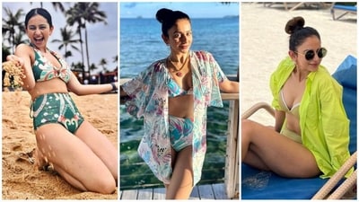 Rakul Preet Singh is a beach babe at heart and her glamorous Insta-diaries filled with fashion-forward bikini looks are proof of that. With summer in full swing, many are planning their next beach getaway and Rakul's stunning beachside outfits are the perfect inspiration. Bikinis, monokinis, swimsuits and breezy dresses are all essential for summer vacations and Rakul showcases them all with style. From a chic tropical printed bikini to a stylish hanky hem dress, here are some of Rakul's top beach looks to inspire your summer wardrobe. (Instagram/@rakulpreet) Rakul Preet Singh is a beach babe at heart and her glamorous Insta-diaries filled with fashion-forward bikini looks are proof of that. With summer in full swing, many are planning their next beach getaway and Rakul's stunning beachside outfits are the perfect inspiration. Bikinis, monokinis, swimsuits and breezy dresses are all essential for summer vacations and Rakul showcases them all with style. From a chic tropical printed bikini to a stylish hanky hem dress, here are some of Rakul's top beach looks to inspire your summer wardrobe. (Instagram/@rakulpreet)