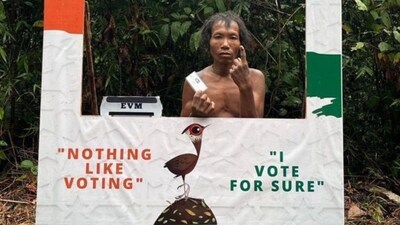 A member of the Shompen tribe in Great Nicobar showing his inked finger after casting his vote for the first time. (X/@anandmahindra) A member of the Shompen tribe in Great Nicobar showing his inked finger after casting his vote for the first time. (X/@anandmahindra)