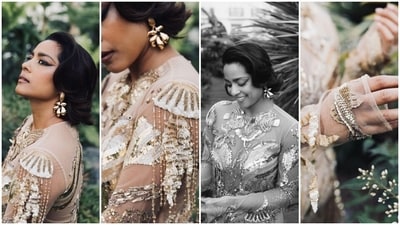 Shahana accessorised the ensemble with a pair of flower-shaped statement gold earrings adorned with a black gemstone. Lastly, feathered brows, bold winged eyeliner, smudged kohl-lined eyes, smokey gold eye shadow, nude lip shade, rouge on the cheekbones, and beaming highlighter for the glam picks. (Instagram) Shahana accessorised the ensemble with a pair of flower-shaped statement gold earrings adorned with a black gemstone. Lastly, feathered brows, bold winged eyeliner, smudged kohl-lined eyes, smokey gold eye shadow, nude lip shade, rouge on the cheekbones, and beaming highlighter for the glam picks. (Instagram)
