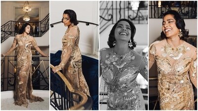 Shahana also wore a gilded gown by designer Rahul Mishra. The sheer gown features shimmering gold thread, sequin and tassel embellishments inspired by the aquatic life, making it a perfect pick from the French Riviera town. (Instagram) Shahana also wore a gilded gown by designer Rahul Mishra. The sheer gown features shimmering gold thread, sequin and tassel embellishments inspired by the aquatic life, making it a perfect pick from the French Riviera town. (Instagram)