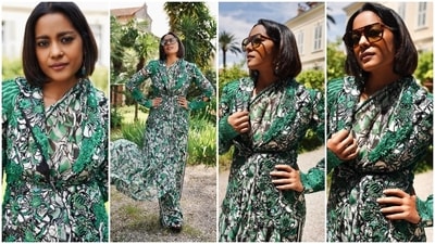 The last ensemble Shahana wore is from the brand AK-OK by Anamika Khanna. She wore a green-black-white printed draped saree look layered with an embellished blazer adorned with green floral applique work. She accessorised the outfit with earrings, sunglasses, and peep-toe heels. Lastly, centre-parted loose locks, smudged kohl under the eyes, smoky eye shadow, darkened brows, a dainty node pin, muted brown lip shade, rouge on the cheekbones, and mascara on the lashes rounded off the glam picks. (Instagram) The last ensemble Shahana wore is from the brand AK-OK by Anamika Khanna. She wore a green-black-white printed draped saree look layered with an embellished blazer adorned with green floral applique work. She accessorised the outfit with earrings, sunglasses, and peep-toe heels. Lastly, centre-parted loose locks, smudged kohl under the eyes, smoky eye shadow, darkened brows, a dainty node pin, muted brown lip shade, rouge on the cheekbones, and mascara on the lashes rounded off the glam picks. (Instagram)