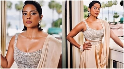 Shahana accessorised the satin saree and backless crystal blouse with oxidised flower-shaped earrings and stilettos. Meanwhile, for the glam picks, she chose winged eyeliner, shimmering gold eye shadow, kohl-lined eyes, feathered brows, pink lip shade, rouge on the cheekbones, a dewy base, and highlighter on the contours and her collarbone. Lastly, she wore her side-parted shoulder-length locks in a sleek loose hairdo. (Instagram) Shahana accessorised the satin saree and backless crystal blouse with oxidised flower-shaped earrings and stilettos. Meanwhile, for the glam picks, she chose winged eyeliner, shimmering gold eye shadow, kohl-lined eyes, feathered brows, pink lip shade, rouge on the cheekbones, a dewy base, and highlighter on the contours and her collarbone. Lastly, she wore her side-parted shoulder-length locks in a sleek loose hairdo. (Instagram)