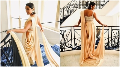 This look is from the house of ace couturiers Abu Jani Sandeep Khosla. The designers and Shahana's stylists chose a dramatic piece de resistance for the actor. She wore a hand-embroidered Swarovski crystal blouse from Abu Jani Sandeep Khosla's brand new The Raj collection. She styled it with a frothy peche champagne chamois satin stylised draped saree. (Instagram) This look is from the house of ace couturiers Abu Jani Sandeep Khosla. The designers and Shahana's stylists chose a dramatic piece de resistance for the actor. She wore a hand-embroidered Swarovski crystal blouse from Abu Jani Sandeep Khosla's brand new The Raj collection. She styled it with a frothy peche champagne chamois satin stylised draped saree. (Instagram)