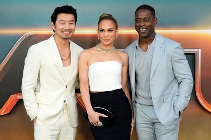 From left, Simu Liu, Jennifer Lopez and Sterling K. Brown, cast members in "Atlas," pose together at the premiere of the film at the Egyptian Theatre, Monday, May 20, 2024, in Los Angeles. (AP Photo/Chris Pizzello) (Chris Pizzello/Invision/AP) From left, Simu Liu, Jennifer Lopez and Sterling K. Brown, cast members in "Atlas," pose together at the premiere of the film at the Egyptian Theatre, Monday, May 20, 2024, in Los Angeles. (AP Photo/Chris Pizzello) (Chris Pizzello/Invision/AP)