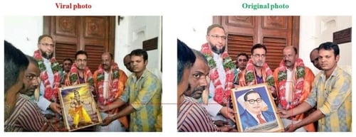 Photo showing AIMIM chief Asaduddin Owaisi holding a portrait of Lord Ram is morphed. Photo showing AIMIM chief Asaduddin Owaisi holding a portrait of Lord Ram is morphed.