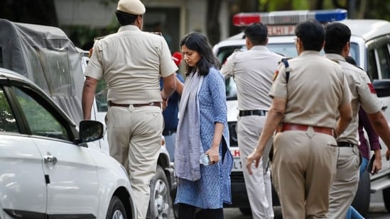 A team of Delhi Police along with AAP MP Swati Maliwal at the residence of Delhi chief minister Arvind Kejriwal to investigate an alleged assault case.