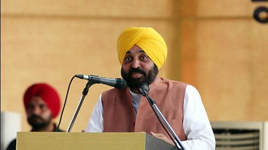 Chief minister Bhagwant Singh Mann addresses a gathering in Naruana village of Bathinda. (Sanjeev Kumar/HT)