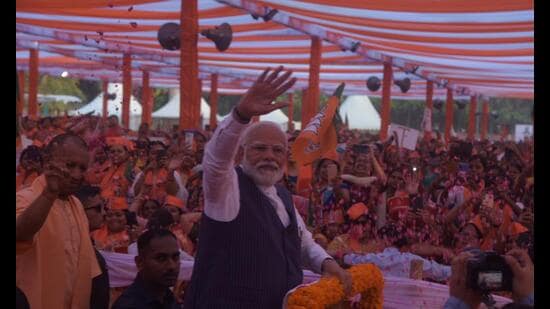 Prime Minister Narendra Modi during a ‘Nari Shakti Samvad’ event organised in his parliamentary constituency Varanasi on Tuesday. (HT Photo)
