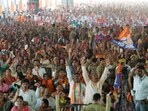 Supporters cheer at an election rally addressed by Indian Prime Minister Narendra Modi ahead of national elections in Prayagraj, Uttar Pradesh, India, Tuesday, May 21, 2024. (AP Photo/Rajesh Kumar Singh)