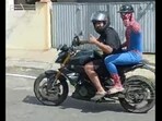 Bengaluru: 'Spider-Man' riding pillion in JP Nagar. Bengaluru: 'Spider-Man' riding pillion in JP Nagar.