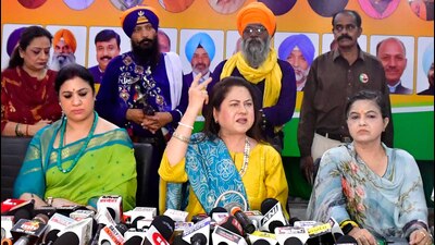 Actor-turned-politician Preeti Sapru addressing a press conference in Ludhiana on Wednesday. (Manish/HT)