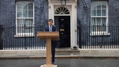 British Prime Minister Rishi Sunak delivers a speech calling for a general election, outside Number 10 Downing Street, in London. (Reuters)