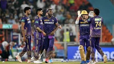 Kolkata Knight Riders' players celebrate after taking the wicket of Sunrisers Hyderabad's Rahul Tripathi (not pictured) during the Indian Premier League (IPL) Twenty20 first qualifier (AFP) Kolkata Knight Riders' players celebrate after taking the wicket of Sunrisers Hyderabad's Rahul Tripathi (not pictured) during the Indian Premier League (IPL) Twenty20 first qualifier (AFP)