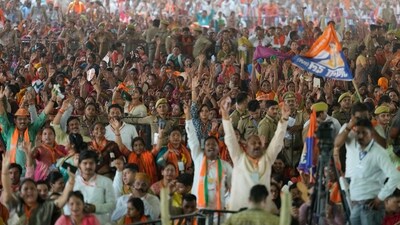 Supporters cheer at an election rally addressed by Indian Prime Minister Narendra Modi ahead of national elections in Prayagraj, Uttar Pradesh, India, Tuesday, May 21, 2024. (AP Photo/Rajesh Kumar Singh) (AP) Supporters cheer at an election rally addressed by Indian Prime Minister Narendra Modi ahead of national elections in Prayagraj, Uttar Pradesh, India, Tuesday, May 21, 2024. (AP Photo/Rajesh Kumar Singh) (AP)