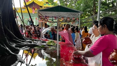 In one corner people lined up to water a sacred and gnarled Bodhi tree, believed to have been born from a sapling of the tree the Buddha achieved enlightenment under thousands of years ago in India. (AFP) In one corner people lined up to water a sacred and gnarled Bodhi tree, believed to have been born from a sapling of the tree the Buddha achieved enlightenment under thousands of years ago in India. (AFP)