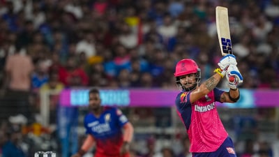 RCB kept RR on their toes but the latter kept chipping away at the total. Riyan Parag led the chase after Jaiswal and Sanju Samson fell. Parag scored 36 in 26 balls. (PTI) RCB kept RR on their toes but the latter kept chipping away at the total. Riyan Parag led the chase after Jaiswal and Sanju Samson fell. Parag scored 36 in 26 balls. (PTI)