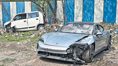 Pune: The Porsche car found without number plate, in Pune, Tuesday, May 21, 2024. The car was allegedly driven by a 17-year-old boy who knocked down two motorbike riders on Sunday, causing their death in Kalyani Nagar of Pune city, as the police claim. (PTI Photo)(PTI05_21_2024_000177B) (PTI) Pune: The Porsche car found without number plate, in Pune, Tuesday, May 21, 2024. The car was allegedly driven by a 17-year-old boy who knocked down two motorbike riders on Sunday, causing their death in Kalyani Nagar of Pune city, as the police claim. (PTI Photo)(PTI05_21_2024_000177B) (PTI)