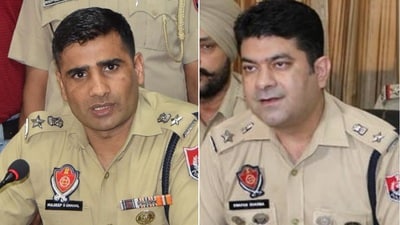Swapan Sharma (right), a 2009-batch IPS officer, currently serving as the police commissioner of Jalandhar, and Kuldeep Chahal, also from the same batch, who is the police commissioner of Ludhiana, have been transferred from their present posts. (HT)