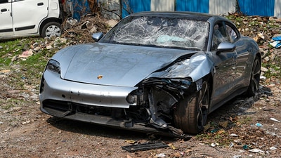 The Porsche Taycan, involved in the Pune accident, was running without a licence plate. (PTI) The Porsche Taycan, involved in the Pune accident, was running without a licence plate. (PTI)