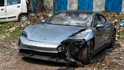 The Porsche Taycan, involved in the Pune accident, was running without a licence plate. (PTI) The Porsche Taycan, involved in the Pune accident, was running without a licence plate. (PTI)