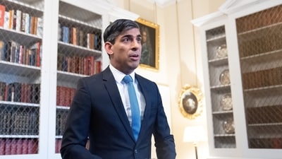 Britain's Prime Minister Rishi Sunak speaks in Downing Street in London about the latest inflation figures. (via REUTERS)
