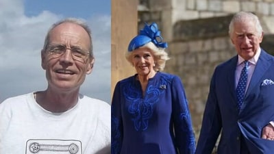 Snapshot of Simon (right) next to King Charles and Camilla.