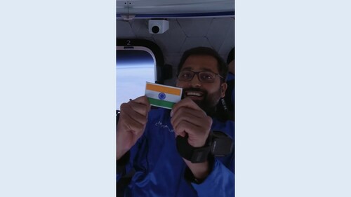 Gopi Thotakura holding Indian flag during Blue Origin NS-25 mission. Gopi Thotakura holding Indian flag during Blue Origin NS-25 mission.
