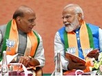 Prime Minister Narendra Modi, defence minister Rajnath Singh during the launch of BJP's Sankalp Patra for Lok Sabha Elections 2024 at BJP HQ, in New Delhi, India, on Sunday, April 14, 2024. (Photo by Ajay Aggarwal/ Hindustan Times) Prime Minister Narendra Modi, defence minister Rajnath Singh during the launch of BJP's Sankalp Patra for Lok Sabha Elections 2024 at BJP HQ, in New Delhi, India, on Sunday, April 14, 2024. (Photo by Ajay Aggarwal/ Hindustan Times)
