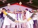 Congress Rajya Sabha MP Deepender Singh Hooda during a rally in Jhajjar on Sunday. (HT Photo)