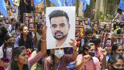A protest against Prajwal Revanna in Bengaluru on April 30. (PTI) A protest against Prajwal Revanna in Bengaluru on April 30. (PTI)