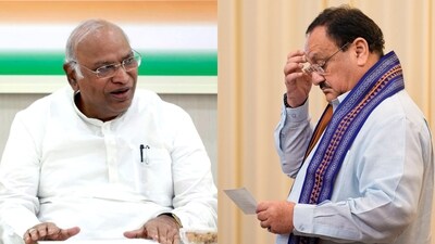 Congress president Mallikarjun Kharge (L). BJP president JP Nadda (R). Congress president Mallikarjun Kharge (L). BJP president JP Nadda (R).