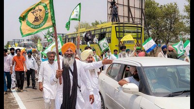 Farmers during a protest against Prime Minister Narendra Modi in Patiala on Thursday. (PTI) Farmers during a protest against Prime Minister Narendra Modi in Patiala on Thursday. (PTI)