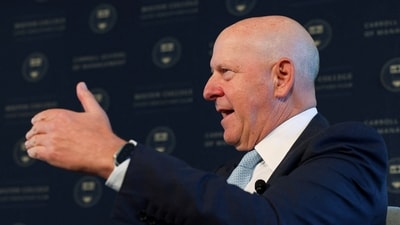Goldman Sachs CEO David Solomon gestures during the Boston College Chief Executives Club luncheon in Boston, Massachusetts, US. (Reuters)