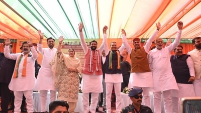 Haryana chief minister Nayab Singh Saini with BJP LS candidate from Kurukshetra Naveen Jindal during the election campaign in Kaithal on Tuesday. (HT Photo) Haryana chief minister Nayab Singh Saini with BJP LS candidate from Kurukshetra Naveen Jindal during the election campaign in Kaithal on Tuesday. (HT Photo)