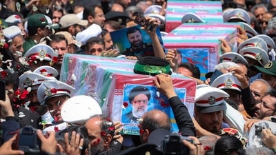Flag-draped coffins of President Ebrahim Raisi and his companions who were killed in a helicopter crash on Sunday. (AP) Flag-draped coffins of President Ebrahim Raisi and his companions who were killed in a helicopter crash on Sunday. (AP)