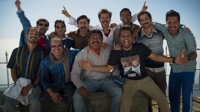 A still from Manjummel Boys featuring Soubin Shahir, Sreenath Bhasi, Balu Varghese, Ganapathi S Poduval, Lal Jr, Deepak Parambol and others. A still from Manjummel Boys featuring Soubin Shahir, Sreenath Bhasi, Balu Varghese, Ganapathi S Poduval, Lal Jr, Deepak Parambol and others.