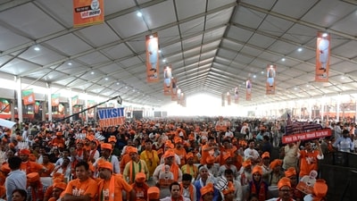 New Delhi, India - May 22, 2024: BJP Supporters during PM Narendra Modi Election Rally in Dwarka in New Delhi ,Wednesday, May 22, 2024.  (Photo by Vipin Kumar/ Hindustan Times) (Hindustan Times)