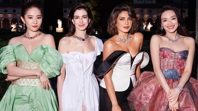 Several pictures and videos of Priyanka Chopra at Monday's Bulgari event emerged on social media platforms. She was joined by fellow brand ambassadors Anne Hathaway, Taiwanese actor Shu Qi and Chinese-American acor Liu Yifei to celebrate Bvlgari’s 140th anniversary. Along with her Serpenti Aeterna necklace, which boasts about 140-carat diamonds, Priyanka wore an off-shoulder cream and black gown by Del Core. Several pictures and videos of Priyanka Chopra at Monday's Bulgari event emerged on social media platforms. She was joined by fellow brand ambassadors Anne Hathaway, Taiwanese actor Shu Qi and Chinese-American acor Liu Yifei to celebrate Bvlgari’s 140th anniversary. Along with her Serpenti Aeterna necklace, which boasts about 140-carat diamonds, Priyanka wore an off-shoulder cream and black gown by Del Core.