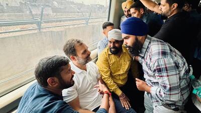 Post the rally, Rahul, and Congress candidates Kanhaiya Kumar and Udit Raj took the Delhi Metro and interacted with their co-passengers. (HT Photo) Post the rally, Rahul, and Congress candidates Kanhaiya Kumar and Udit Raj took the Delhi Metro and interacted with their co-passengers. (HT Photo)