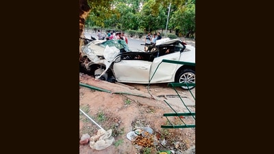 The mangled remains of victim Gurjant Singh’s car that crashed into a tree near Laxmi Narayan temple in Phase 11 around 1.30 am on Thursday. (HT photo) The mangled remains of victim Gurjant Singh’s car that crashed into a tree near Laxmi Narayan temple in Phase 11 around 1.30 am on Thursday. (HT photo)