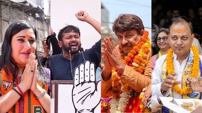 BJP’s Bansuri Swaraj, Congress candidate Kanhaiya Kumar, BJP MP Manoj Tiwari, and AAP’s Somnath Bharti. (PTI) BJP’s Bansuri Swaraj, Congress candidate Kanhaiya Kumar, BJP MP Manoj Tiwari, and AAP’s Somnath Bharti. (PTI)
