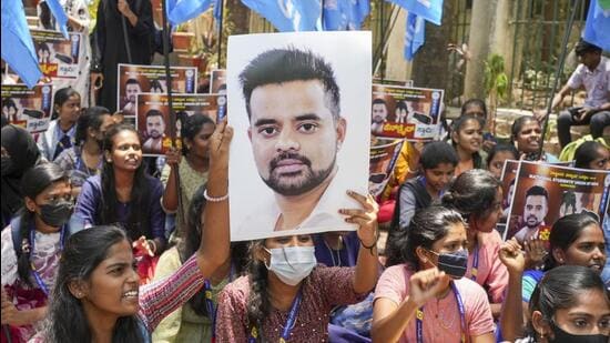 A protest against Prajwal Revanna in Bengaluru on April 30. (PTI)
