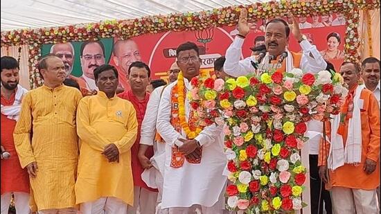 Keshav Prasad Maurya at a public meeting rally in Shankargarh on Thursday (HT)