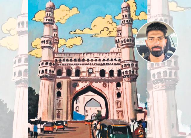 In Shashank Naidu’s works, the character of Mr Tiger features in Hyderabad’s cityscapes. (INSTAGRAM/@BROWN_NAID)