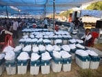 Electronic voting machines kept for distribution at a distribution centre (Deepak Gupta/HT)