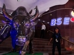 The new logo of the Bombay Stock Exchange (BSE) building is seen in Mumbai.
