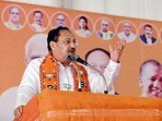 BJP National President JP Nadda addresses a public meeting for Lok Sabha elections, in Kushinagar district. (PTI Photo)