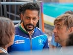 Indian Men's Hockey Team captain Harmanpreet Singh with the team's head coach Craig Fulton after a press conference.(PTI)